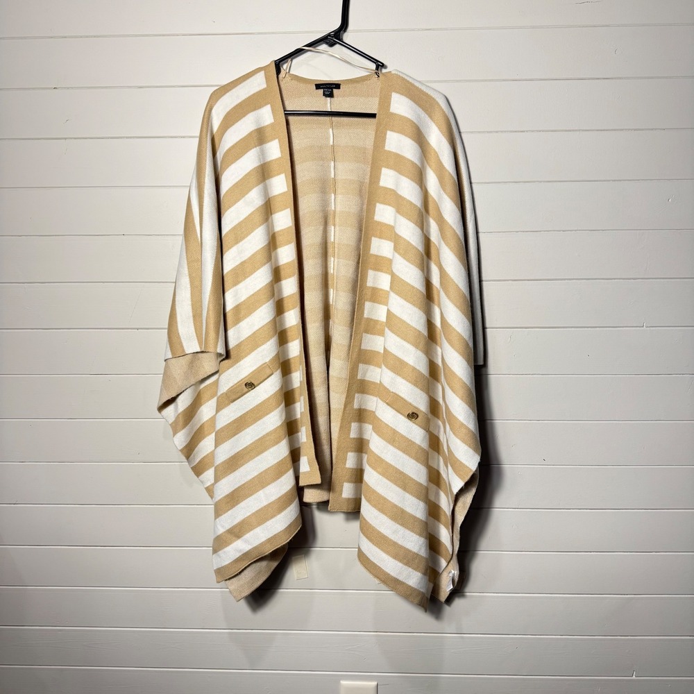 Ann Taylor Striped Poncho Wrap One Size Camel White Gold Button Knit Sweater